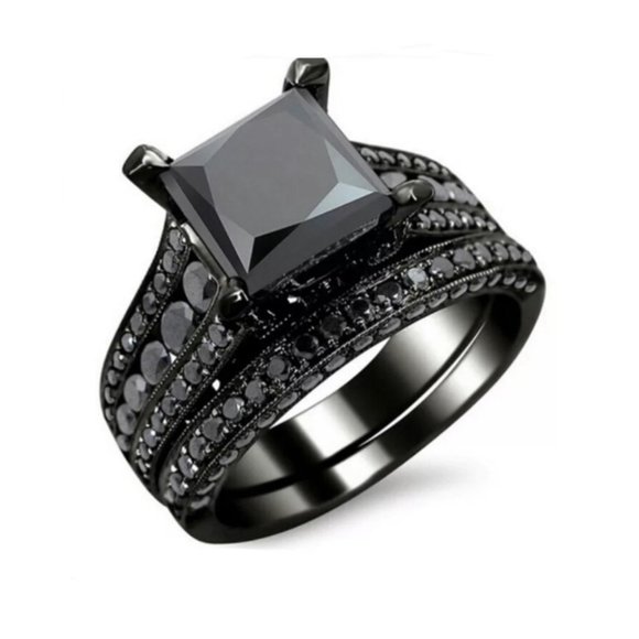 Princess cut black sapphire Sterling ring set - Picture 1 of 7